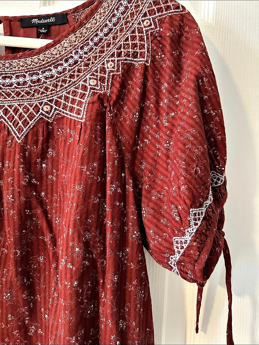 Madewell Embroidered Babydoll Mini Dress Burgundy Blue & White floral Small NWT